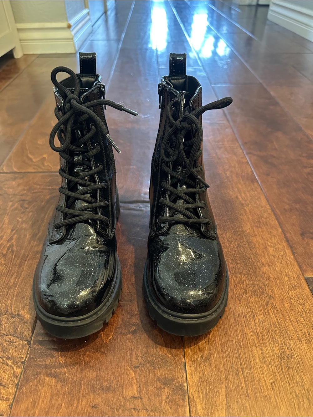 Art Class Girls Black with Glitter Patent Combat Boots